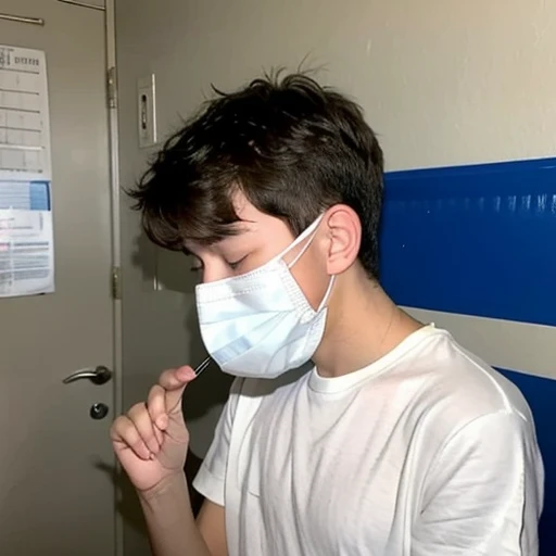 Handsome10A boy about 18 years old has an infectious disease and looks distressed. He is wearing a white mask. He has a high fever. He is sleeping. He is coughing. He is feeling exhausted. His temperature is being measured with a thermometer.