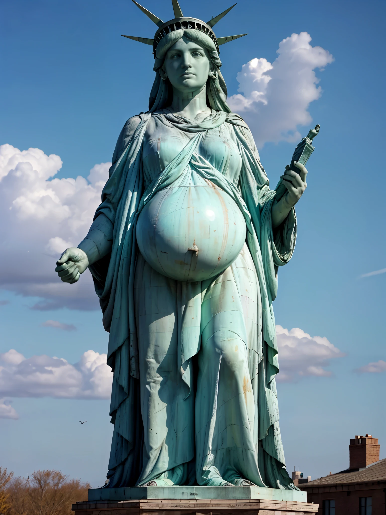 (lady-liberty), pregnant Liberty Statue. The image is of the best quality, with a resolution of 4k and HDR enhancement, showcasing the utmost level of detail and realism. analog photography, high quality textures. Clear blue cloudy sky. photorealistic shot