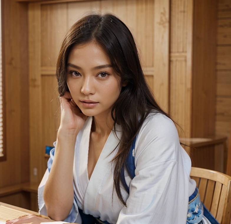 Female supermodel. Blue Kimono. Bamboo. White floor cushions. Soft lighting. Living room. Close-up.