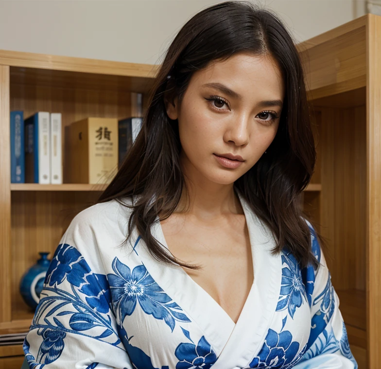 Female supermodel. Blue Haori, White Kimono. Bamboo. Study room. Close-up.