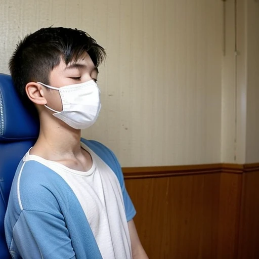 Handsome１０A boy about 18 years old has an infectious disease and looks distressed. He is wearing a white mask. He has a high fever. He is sleeping. He is coughing. He is feeling exhausted. His temperature is being measured with a thermometer.