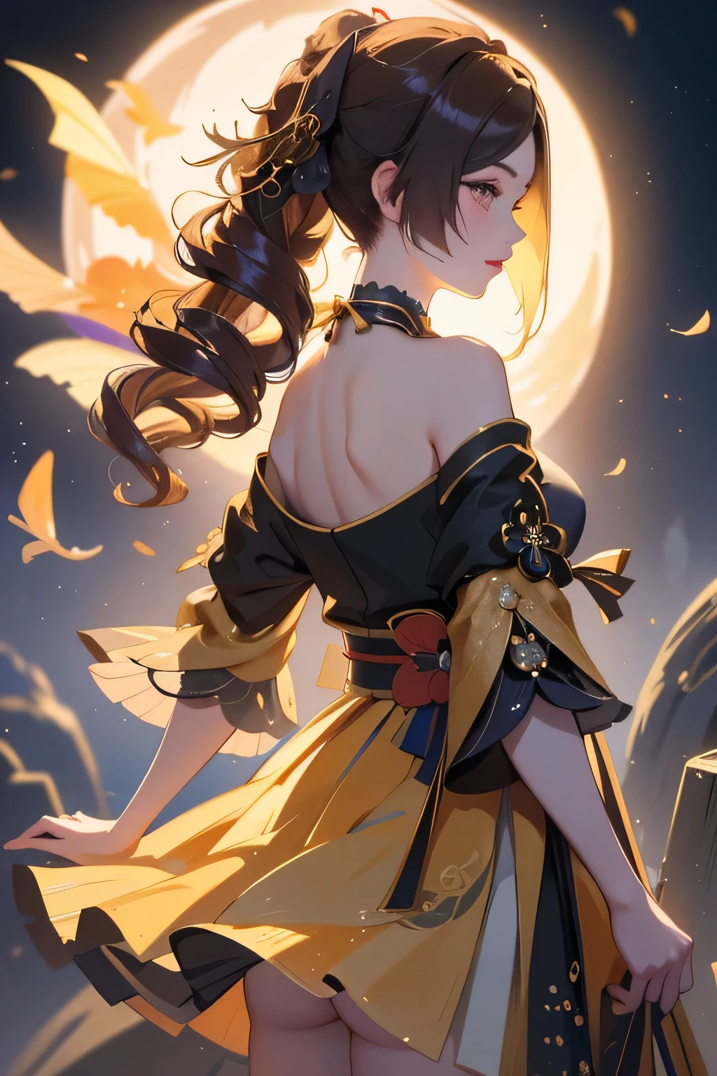 [chiori gi]:1.5,((masterpiece,highest quality,Highly detailed images,Beautiful images))1.4(Chiori Images、Cities with waterways、Beautiful waterways、The wind is blowing、Overall dim lighting、Backlight、A fantastic atmosphere、Thick Fog、Dust flutters)1.3,(Off the shoulder,from behind):1.2

