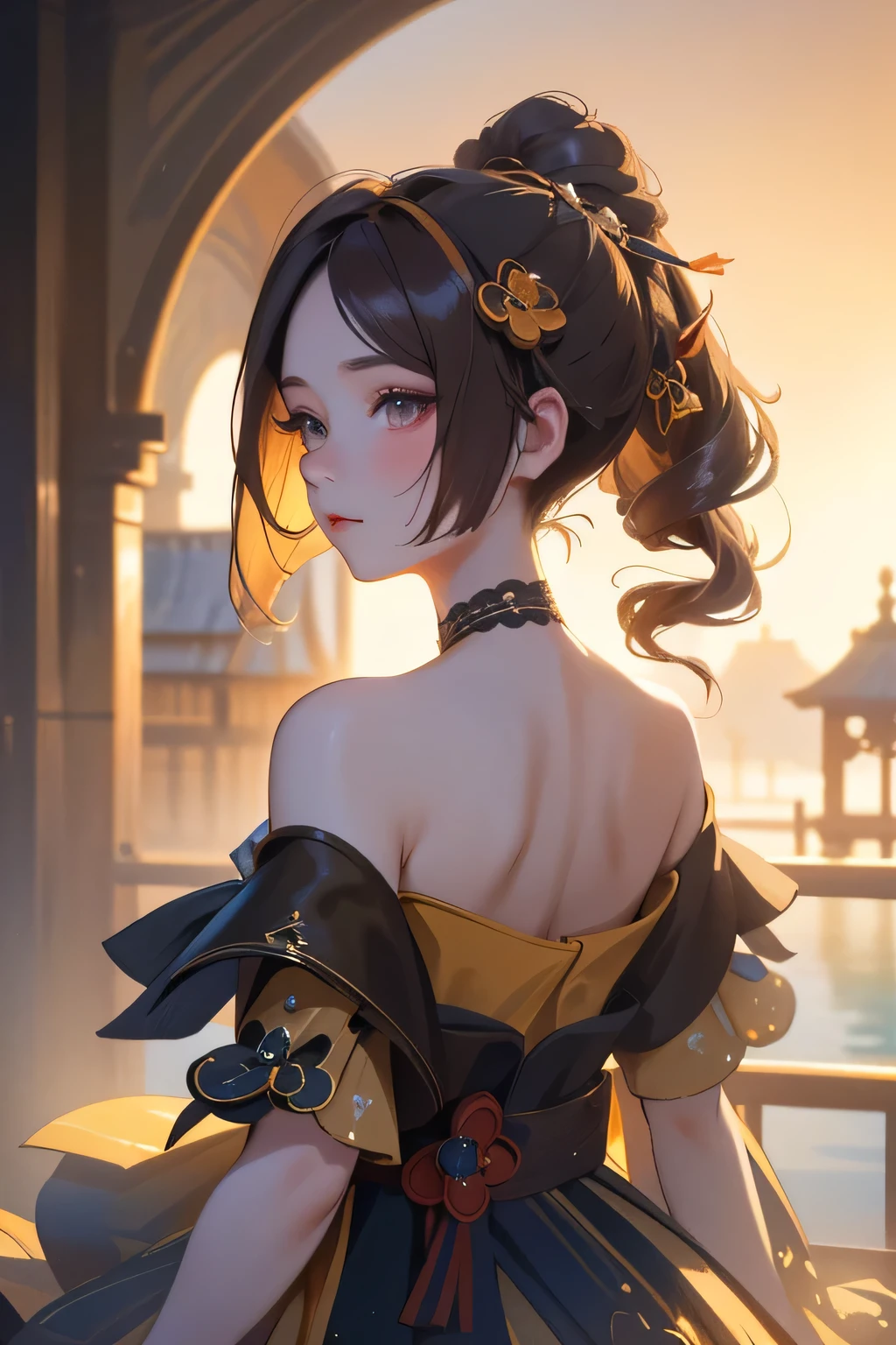 [chiori gi]:1.5,((masterpiece,highest quality,Highly detailed images,Beautiful images))1.4(Chiori Images、Cities with waterways、Beautiful waterways、The wind is blowing、Overall dim lighting、Backlight、A fantastic atmosphere、Thick Fog、Dust flutters)1.3,(Off the shoulder,from behind):1.2
