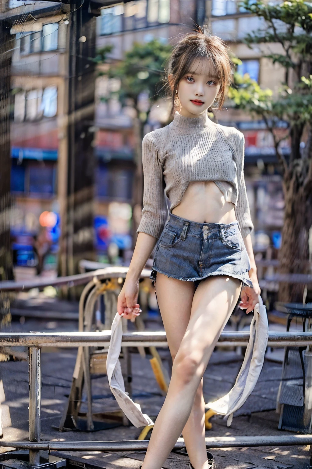 Slender Asian Girl, ((Gymnast)), ((highest quality, 8k, Tabletop: 1.3)), Sharp focus: 1.2, Beautiful woman with perfect figure: 1.4, Highly detailed face and skin texture, Fine grain, skinny, Beautiful Face, Symmetrical face, full length, ((wide Opening the Abdomen))、((Opening the Abdomen))、((wide Open belly button))、((Open belly button))、((Bare Belly))、((Mid-length sweater))、((Super low-rise、Denim mini skirt))、 ((Umbilical cord prolapse))、((Small hips))、((Full body description))、((Small hips))、(boots)、((Super low-rise))、 ((Denim tanding))、