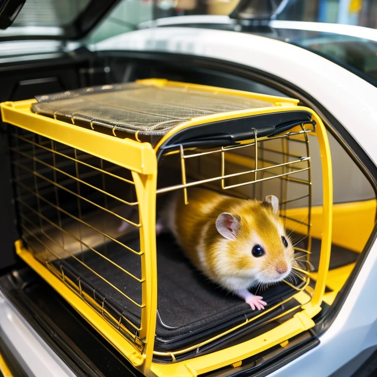 Golden hamster riding in a hamster carrier。