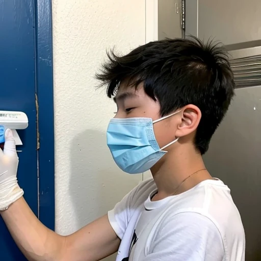 Handsome１０A boy about 18 years old has an infectious disease and looks distressed. He is wearing a white mask. He has a high fever. He is sleeping. He is coughing. He is exhausted. He is taking his temperature with a thermometer. He looks like he is about to die.