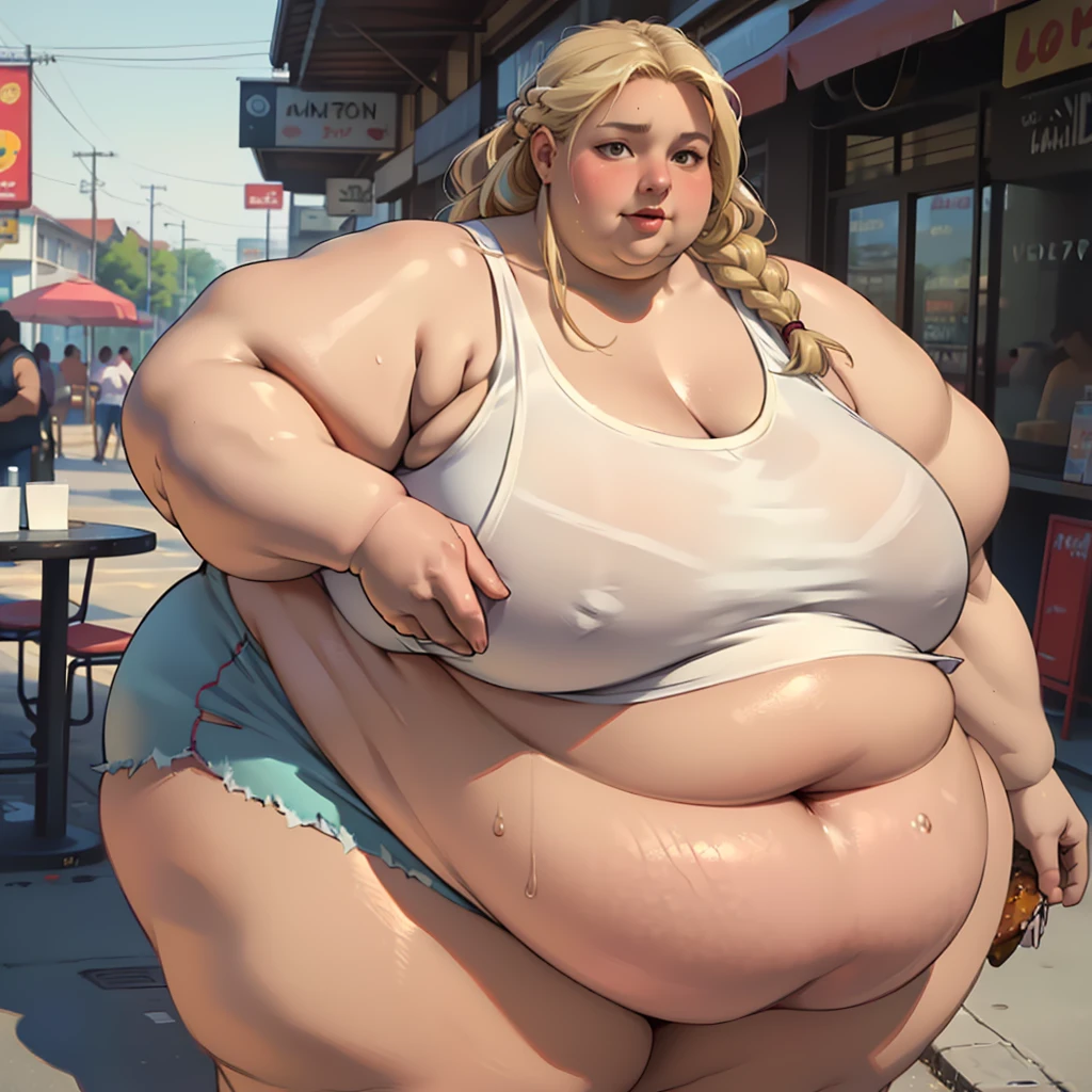 (masterpiece, best quality, absurdres, detailed, realistic:1.2), beautiful young woman, USSBBW, (morbidly obese:1.4), (fatblob:1.4), (realistic detailed face), gigantic belly, (highly detailed:1.3), extreme detail, high aesthetic, hot pants, tanktop, blonde braided hair, holding a huge burger, burger joint