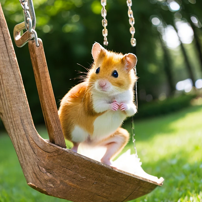 Golden hamster swinging on a small swing。