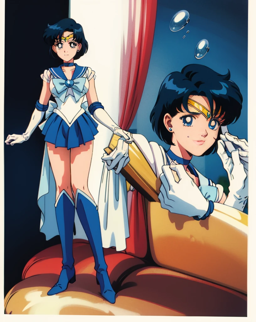 Solo,highres, mer1, tiara, sailor senshi uniform, blue sailor collar, bow, knee boots, choker, white gloves, blue choker, elbow gloves, jewelry, earrings, blue skirt, cowboy shot, (1990s \(style\):1.2) , standing, bench,masterpiece, best quality, perfect composition, front view, crossed hands, bubble attack , magic background 