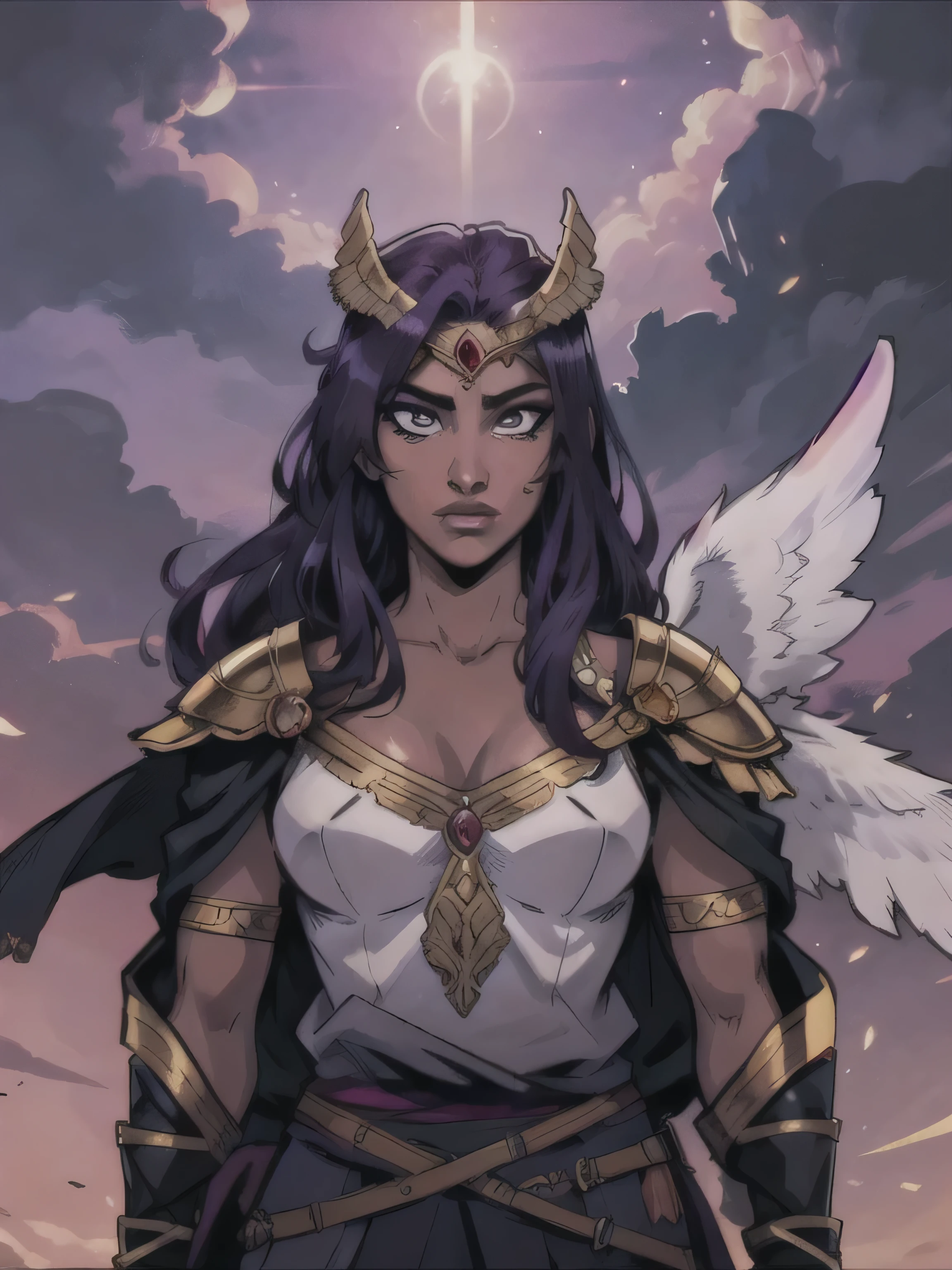 80s anime style still, Portrait of a Valkyrie wearing a golden Viking helmet with white wings, black skin, long purple hair, heavenly setting of Valhala at dusk