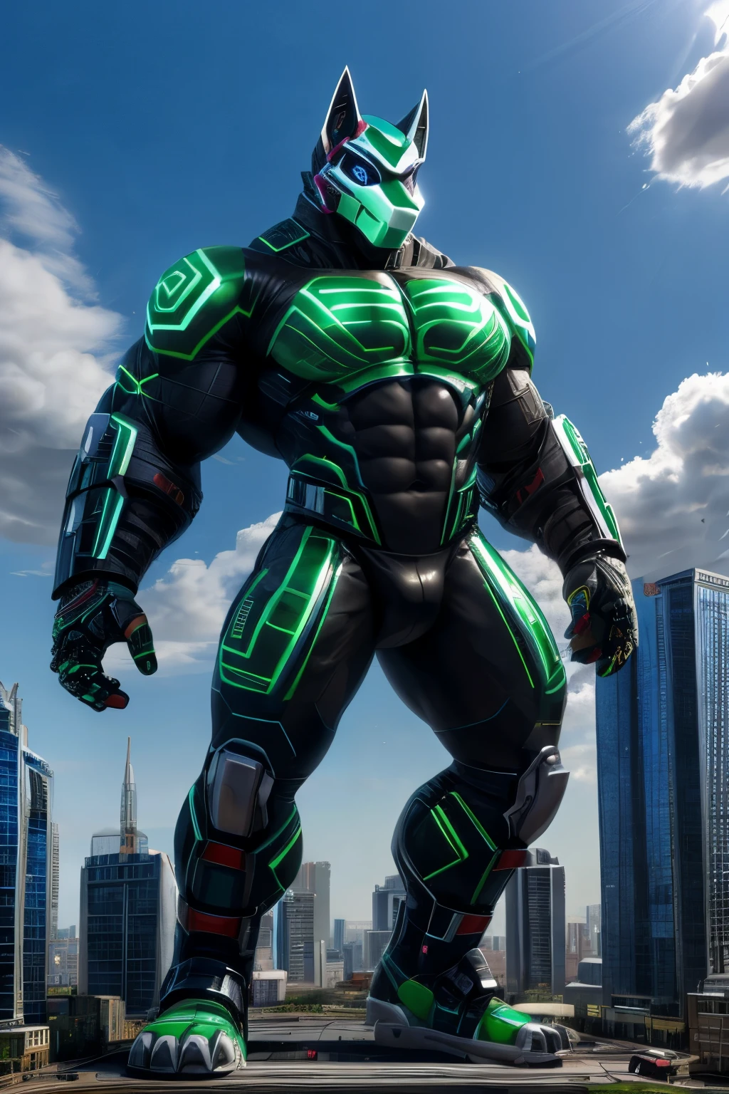 (full body), a muscular mexican cyber-hero with spandex cyber-suit, mask on, macro towering over city