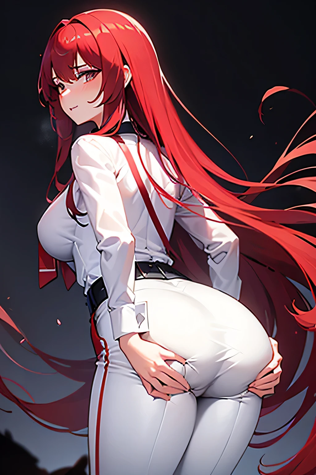 A beautiful women, red long hair , hot figure, big ass , collar on her neck , wearing white formal shirt and black trouser , excited , slave