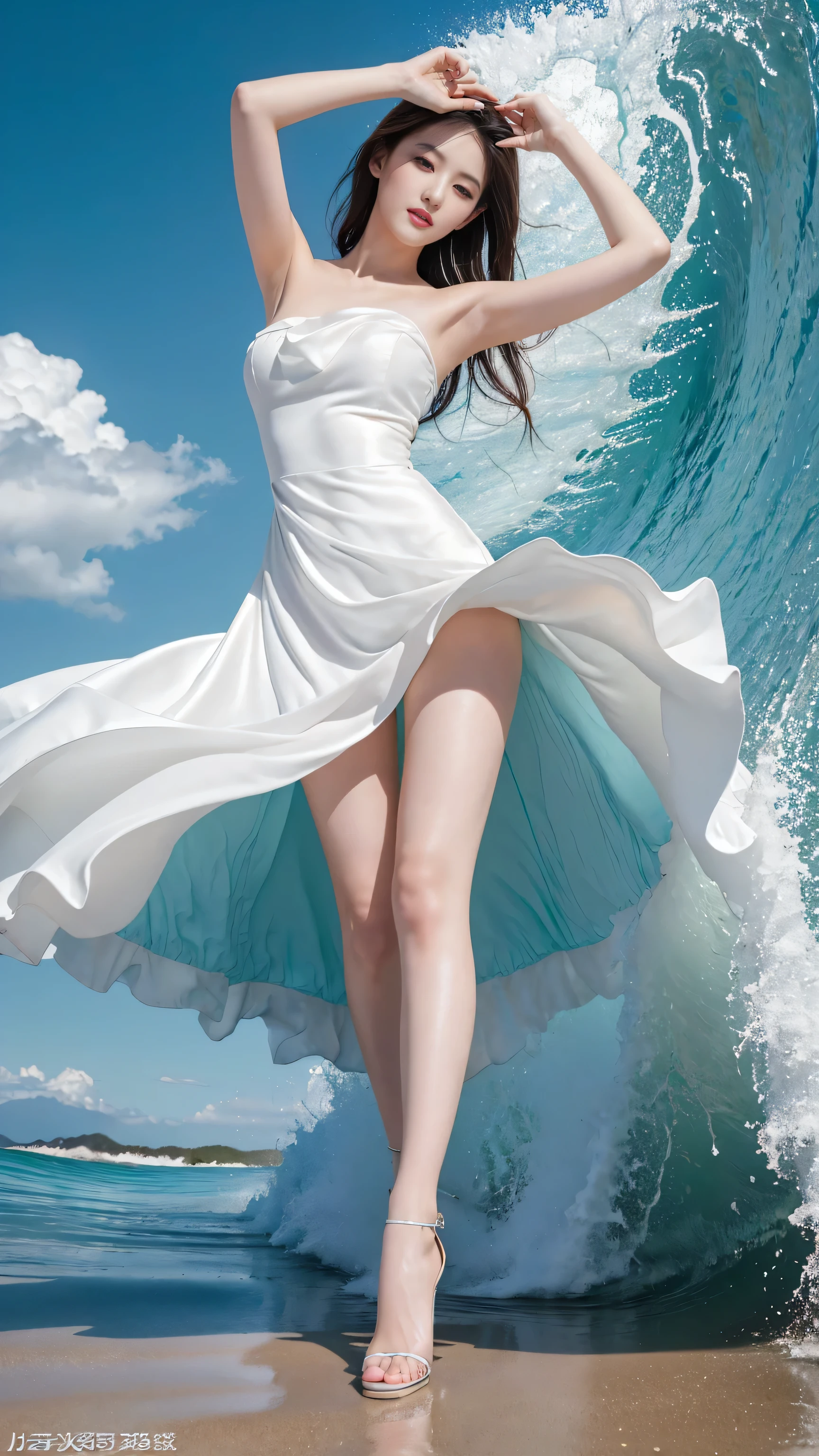 best quality,masterpiece,Ultra-high resolution,(Practical:1.4),original photo,Ultra-high resolution，8K，There was a woman，White skin，Exquisite makeup，Big Wave，Teal open collar dress:1.2，High heel，Long legs，Bright and beautiful，sexy casual pose，Lively posture，Slender woman:1.5，