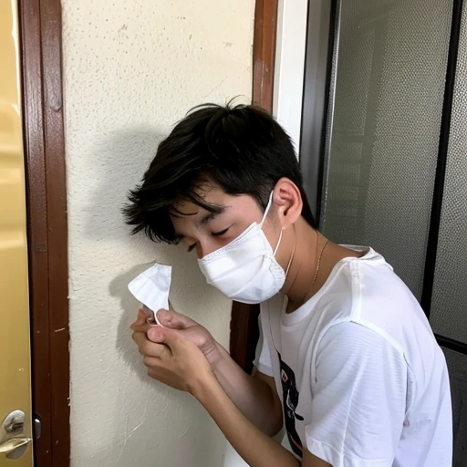 Handsome10A boy about 18 years old has an infectious disease and looks distressed. He is wearing a white mask. He has a high fever. He is sleeping. He is coughing. He is exhausted. He is taking his temperature with a thermometer. He looks like he is about to die.