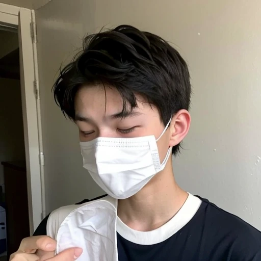 Handsome10A boy about 18 years old has an infectious disease and looks distressed. He is wearing a white mask. He has a high fever. He is sleeping. He is coughing. He is exhausted. He is taking his temperature with a thermometer. He looks like he is about to die.