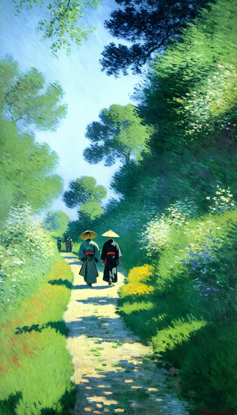 (best quality,4k,8k,highres,masterpiece:1.2),ultra-detailed,(realistic,photorealistic,photo-realistic:1.37),claude monet style, oil painting on canvas,impressionism,Edo period,samurai walking down a country lane,cloudy day,dark colors,clarity of details,captivating brushstrokes,ethereal atmosphere,subtle color transitions,dynamic composition,masterful texture,rich visual narrative,vibrant hues,saturated tones,muted lighting,impressionistic strokes,expressive movement,mysterious ambiance,country landscape,timeless beauty,artistic interpretation,captivating scenery,samurai warrior,traditional attire,stoic expression,samurai sword,samurai helmet,rural surroundings,rustic pathway,peaceful countryside ambiance,serene atmosphere,lush foliage,calm and tranquil surroundings,classic Japanese art,reflective mood,blend of realism and abstraction,impressionistic depiction of nature,poetic elegance,sublime tranquility,hidden depth,subtle emotion,capturing fleeting moments of nature's beauty,traditional Japanese aesthetics,celebration of simplicity and harmony,visual poetry,invoking a sense of wanderlust.