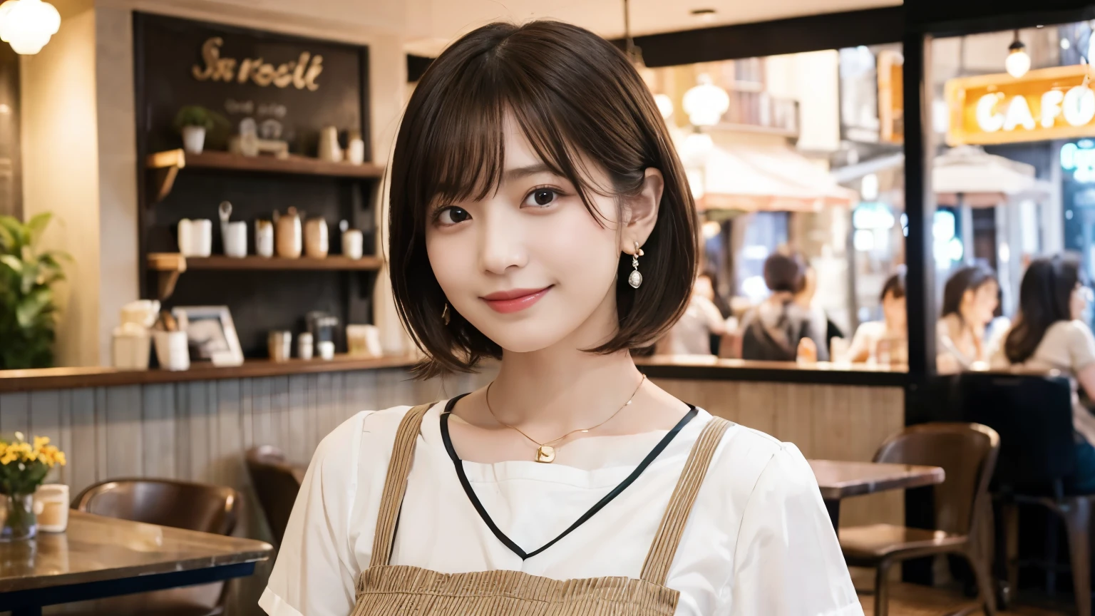 super high quality, Short Hair, Slender, Gravure photoshoot, The staff is working at the counter in the back., (8k、RAW Photos、highest quality、masterpiece:1.2), Japanese Idol, Shaggy, Stylish café, The cafe is crowded with people enjoying themselves., (Realistic、Photorealistic:1.37), Mesh Hair, Urban Cafe, Golden Ratio, Raw photo, Cute face , Light Brown Hair, Earrings, Small breasts, Bright cafe interior, Beauty salon model, Spring Clothes, necklace, Spoiled, Cafe Terrace, Open Cafe, Open Cafeの前に高級車, Smile, Hair blowing in the wind, Neat clothes, T-Shirts, 18-year-old, younger sister, 
