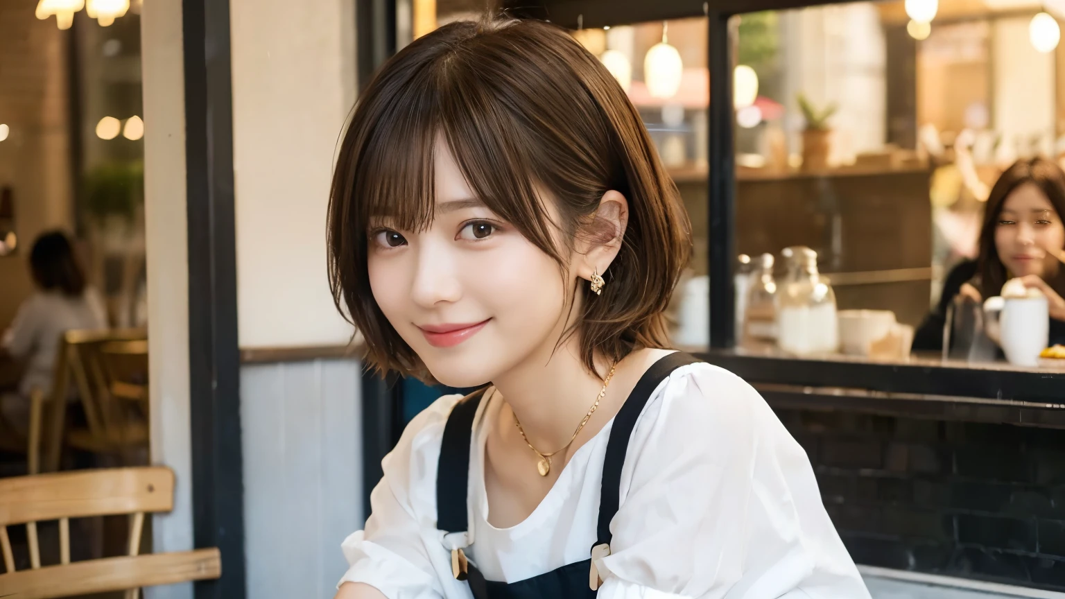 super high quality, Short Hair, Slender, Gravure photoshoot, The staff is working at the counter in the back., (8k、RAW Photos、highest quality、masterpiece:1.2), Japanese Idol, Shaggy, Stylish café, The cafe is crowded with people enjoying themselves., (Realistic、Photorealistic:1.37), Mesh Hair, Urban Cafe, Golden Ratio, Raw photo, Cute face , Light Brown Hair, Earrings, Small breasts, Bright cafe interior, Beauty salon model, Spring Clothes, necklace, Spoiled, Cafe Terrace, Open Cafe, Open Cafeの前に高級車, Smile, Hair blowing in the wind, Neat clothes, T-Shirts, 18-year-old, younger sister,