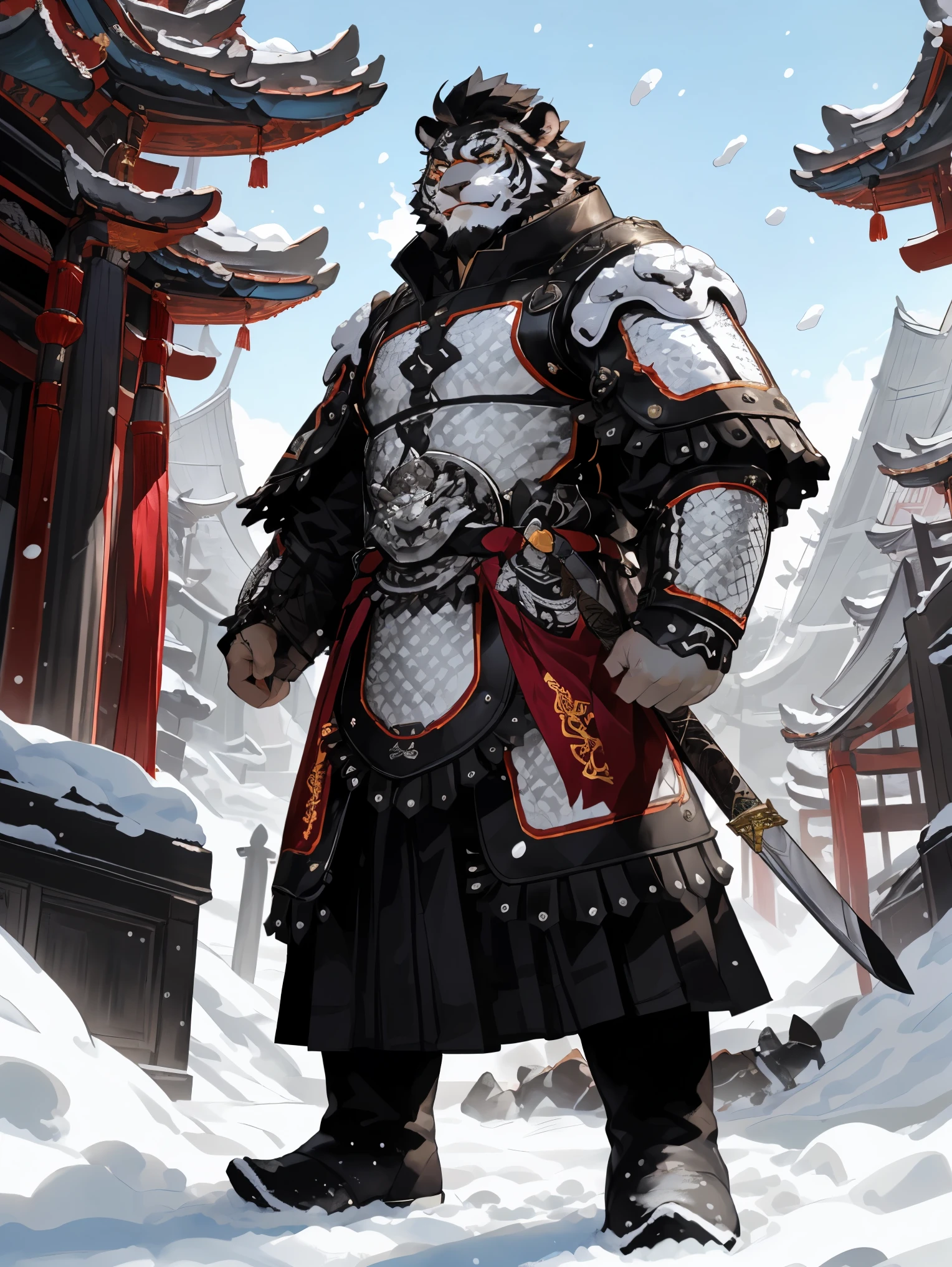 (dynamic lighting, Bright colors),masterpiece,best quality,very detailed,high resolution,[by null-ghost],(by fffffolder),((by lindong:1.2), (by null-ghost:0.7), (by takahirosi:0.7)),[huge white tiger],
(yin-yang black and white armor),(yin-yang black and white boots),(yin-yang black and white ancient armor),(holding a long sword),(black and white pattern),(black and white tail),(black and white hair),(black and white belly),(temple),(background: a snow-covered city:1.2),(16K),high-definition,CG,(golden eyes),(face focus),(white facial lines:1.2),(black beard:1.3),(white face:1.6),(white skin with black stripes:1.3),(fair cheeks:1.5),(very fair facial skin:1.3),highly detailed,ultra-realistic,8K,extremely detailed,intricate details,vibrant colors,colorful,vivid,richly colored,(white-skinned tiger),powerful stance,standing calmly,(abdominal muscles),heroic,masterpiece,detailed facial features,long-distance perspective,standing in front of a snow-covered city,close-up,(detailed face:1.5),perfect details,(detailed facial depiction:1.5),white body,(strong:1.2),(muscular:1.3),(high resolution:1.3),Chinese style city