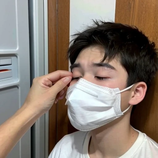 Handsome10A boy about 18 years old has an infectious disease and looks distressed. He is wearing a white mask. He has a high fever. He is sleeping. He is coughing. He is exhausted. He is taking his temperature with a thermometer. He looks like he is about to die.