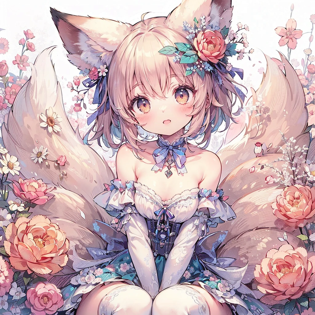 (Exquisite, beautiful, Very detailed, masterpiece, High resolution,high quality,High resolution),(Well-formed face,Soft and thin lines: 1.2, beautiful, Delicate and vivid illustrations with a mature and clear feel), Beautiful flowers々,petal,A very small girl with fluffy cat ears and a long, slender, flexible cat tail looks happy and relaxed.,Fluffy and soft clothes with lace, frills and ribbons,Beautiful fur,barefoot,(Short eyebrows,Pale pink blush, Plump pink lips,Small Nose,Double teeth,When I smile, my canines are visible,Cat's eyes,Quite large and fluffy bust,Open chest,Fair skin, A long, slender cat's tail,Good style,White knee-highs),Bright colors,Eye-catching colors,Dynamic Angles,defenseless,The fur is fluffy and soft,Watercolor art