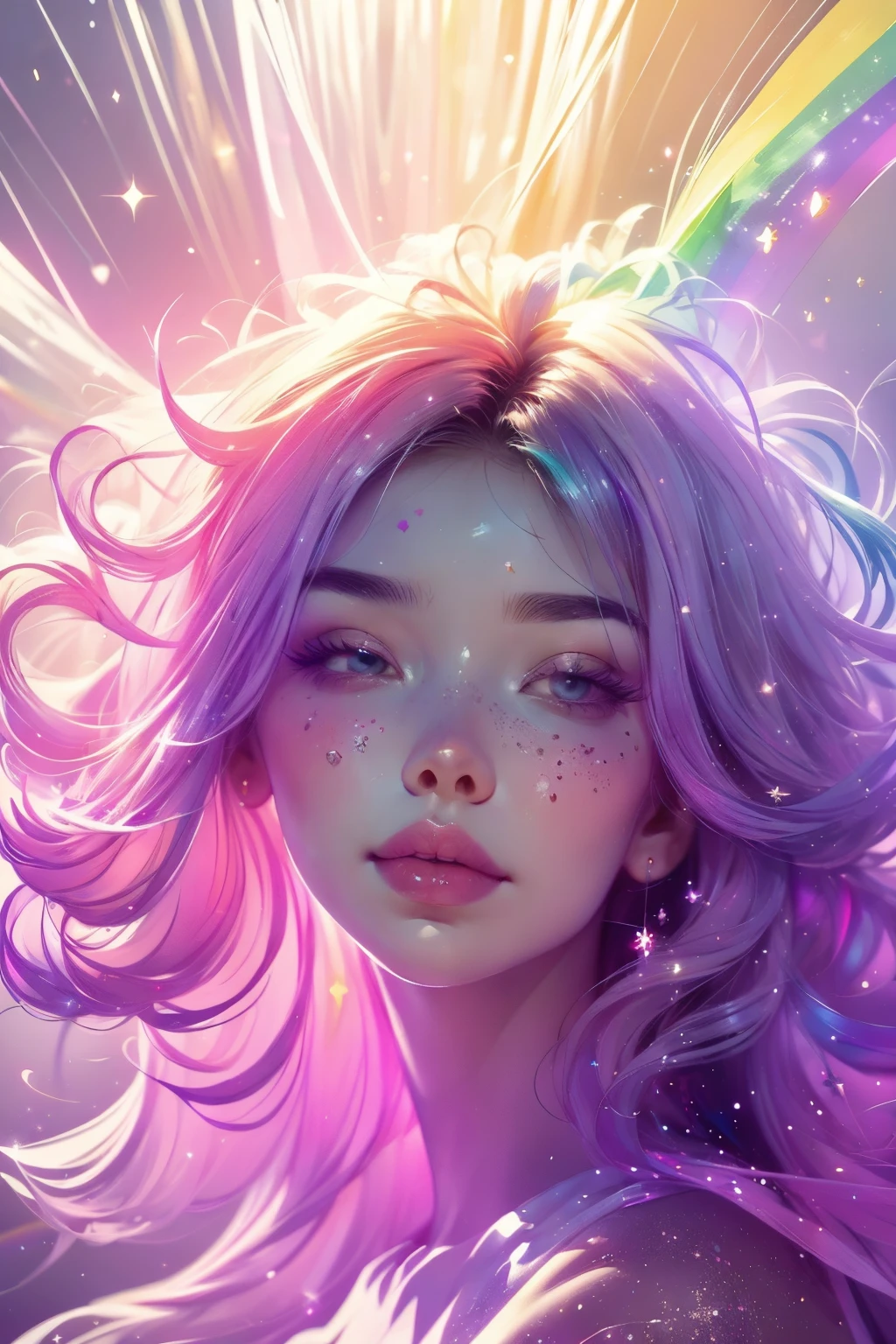 (This is a beautiful rainbow fantasy image that feels interesting and emphasizes glitter and iridescence.) Generate a ((blind)) curvy woman with colorful curly hair and milky white eyes. Her face is important and is perfectly formed with puffy lips and perfect features. (Her eyes are critically important and are (blank) and (solid white)). The image exudes ethereal beauty and soft fantasy. Include sweet and detailed birds and soft, luminous flowers in all the colors of the rainbow. The image's background is decorated in shades of pink, shimmer, glitter, and fantasy details like colored bubbles and cosmos. Utilize dynamic composition to create a compelling and action-packed image. Dramatic lighting and cinematic lighting enhance the woman's beauty and the soft colors in the artwork. (((((Perspective: head on.))))) Include fantasy, cute, colorful, colourful, interesting magic background, ((((blank eyes)))), ((((empty white eyes)))), (shirome eyes:1.3), (smirking), (perfectly rendered solid whiteeyes), ((birthmark on lip)), ((pretty lips)), beautiful background, complex background, sweet background, (((rainbow)))