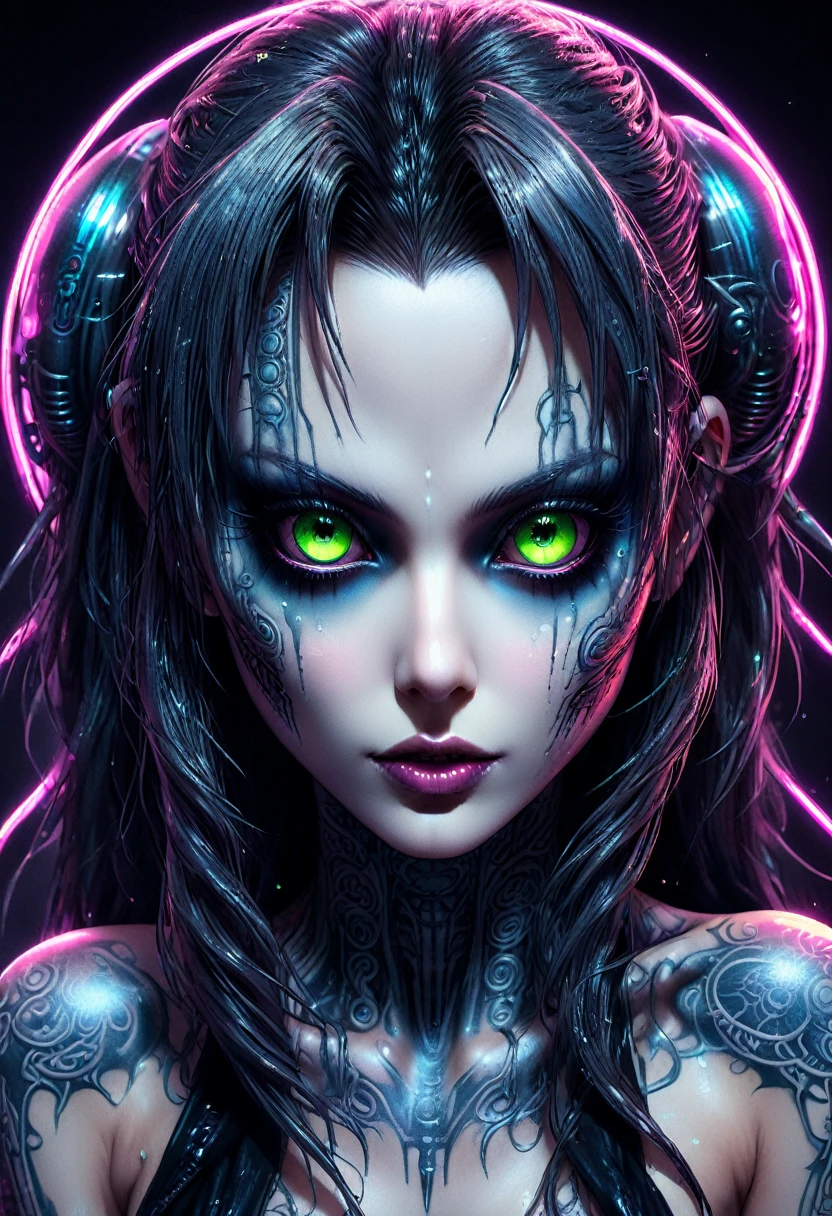 Hr giger tattooed sexy seductive dead girl, perfect face, hyper detailed neon eyes, full body view,