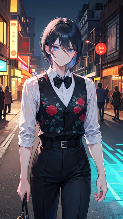 outdoor, Black mature male, Wearing a black and red floral shirt, Wearing black dress pants, blue eyes, Glowing eyes, short hair, Gray skin, Club environment, night, Blue neon light, 8K, Unreal Engine, Very detailed, Reality,