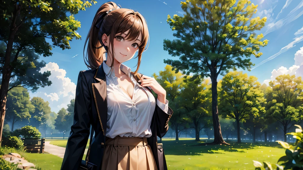 1girl, full body, solo, summer, village, trees, sun, clouds, ((brown hair)), ponytail, large breasts, ((black blazer)), button down shirt, ((white shirt)), ((short sleeved shirt)), ((unbuttoned shirt)), unbuttoning buttons, cleavage 1:3, brown eyes, skirt, smile, looking at the viewer, standing, hair ribbon, golden necklate, shoulder bag