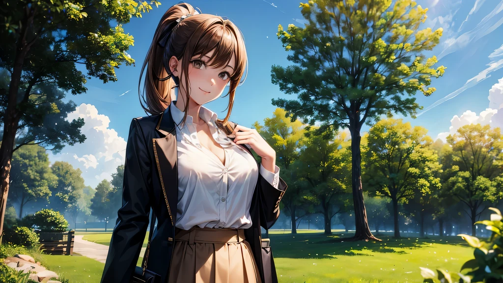 1girl, full body, solo, summer, village, trees, sun, clouds, ((brown hair)), ponytail, large breasts, ((black blazer)), button down shirt, ((white shirt)), ((short sleeved shirt)), ((unbuttoned shirt)), unbuttoning buttons, cleavage 1:3, brown eyes, skirt, smile, looking at the viewer, standing, hair ribbon, golden necklate, shoulder bag