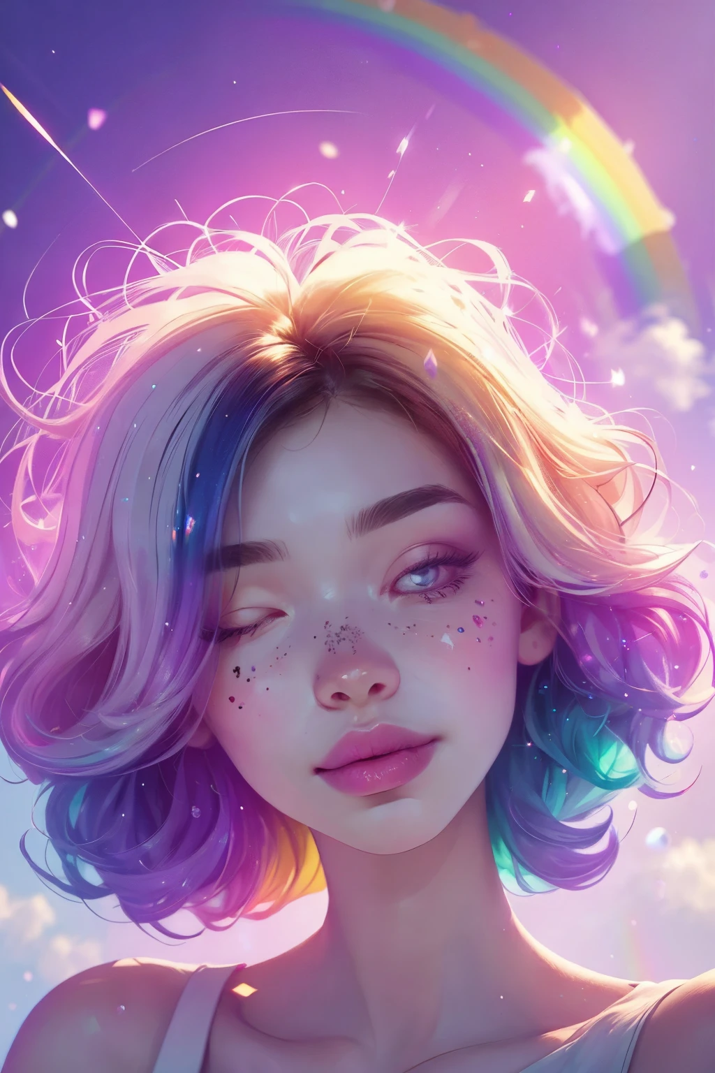(This is a beautiful rainbow fantasy image that feels interesting and emphasizes glitter and iridescence.) Generate a ((blind)) curvy woman with colorful curly hair and milky white eyes. Her face is important and is perfectly formed with puffy lips and perfect features. (Her eyes are critically important and are (blank) and (solid white)). The image exudes ethereal beauty and soft fantasy. Include sweet and detailed birds and soft, luminous flowers in all the colors of the rainbow. The image's background is decorated in shades of pink, shimmer, glitter, and fantasy details like colored bubbles and cosmos. Utilize dynamic composition to create a compelling and action-packed image. Dramatic lighting and cinematic lighting enhance the woman's beauty and the soft colors in the artwork. (((((Perspective: head on.))))) Include fantasy, cute, colorful, colourful, interesting magic background, ((((blank eyes)))), ((((empty white eyes)))), (shirome eyes:1.3), (smirking), (perfectly rendered solid whiteeyes), ((birthmark on lip)), ((pretty lips)), beautiful background, complex background, sweet background, (((rainbow)))