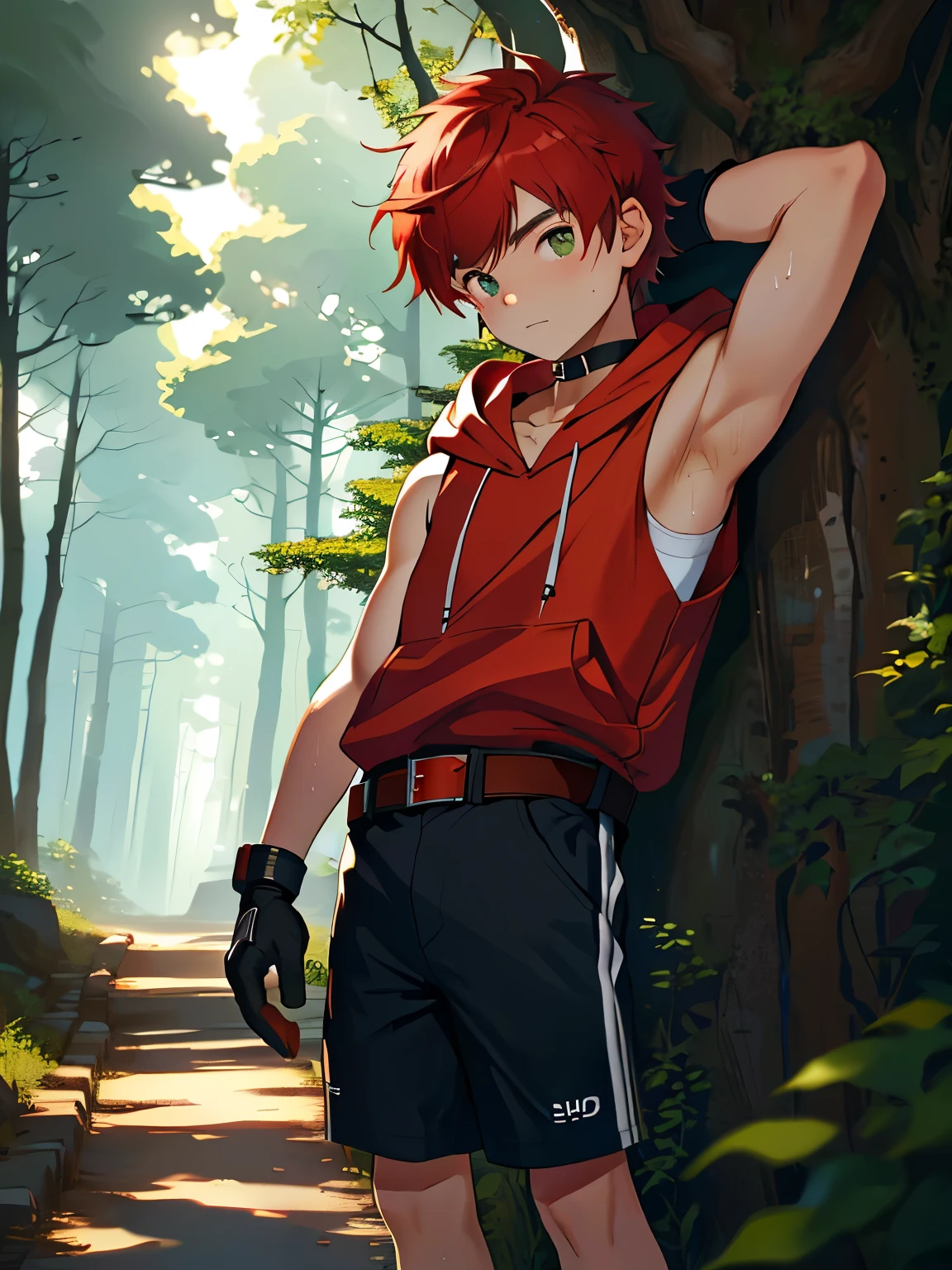 Highres, Masterpiece, Best quality at best,Best Quality,hight quality, hight detailed, 1boy, Boy, red hair, Side bangs, Shota, Belt, Glove, elbow cover, Sleeveless hoodie, choker, 4k, Seen from the front, Little sweat, forest, Cute boy, (very small and short stature), (very young boy), s, Blurry and simple beckground, bokeh, Uhd