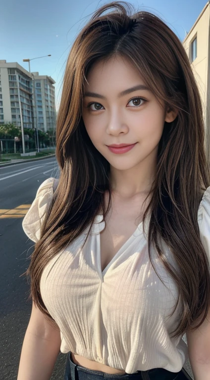 ((Realistic lighting、highest quality、8k、masterpiece:1.3))、Clear focus:1.2、One Girl、Perfect body beauty:1.4、Slim Abs:1.1、whole body、((Dark brown hair、Large Breasts:1.3))、(Acceleration:1.4)、(Fresh、dawn:1.1)、View of Waikiki Beach、Palm tree、Thin face、Beautiful Eyes、double eyelid、Fashion model posing、Floating Hair、Blouse made entirely of lace,A glamorous and elegant impression、meanwhile、Adorable smile
