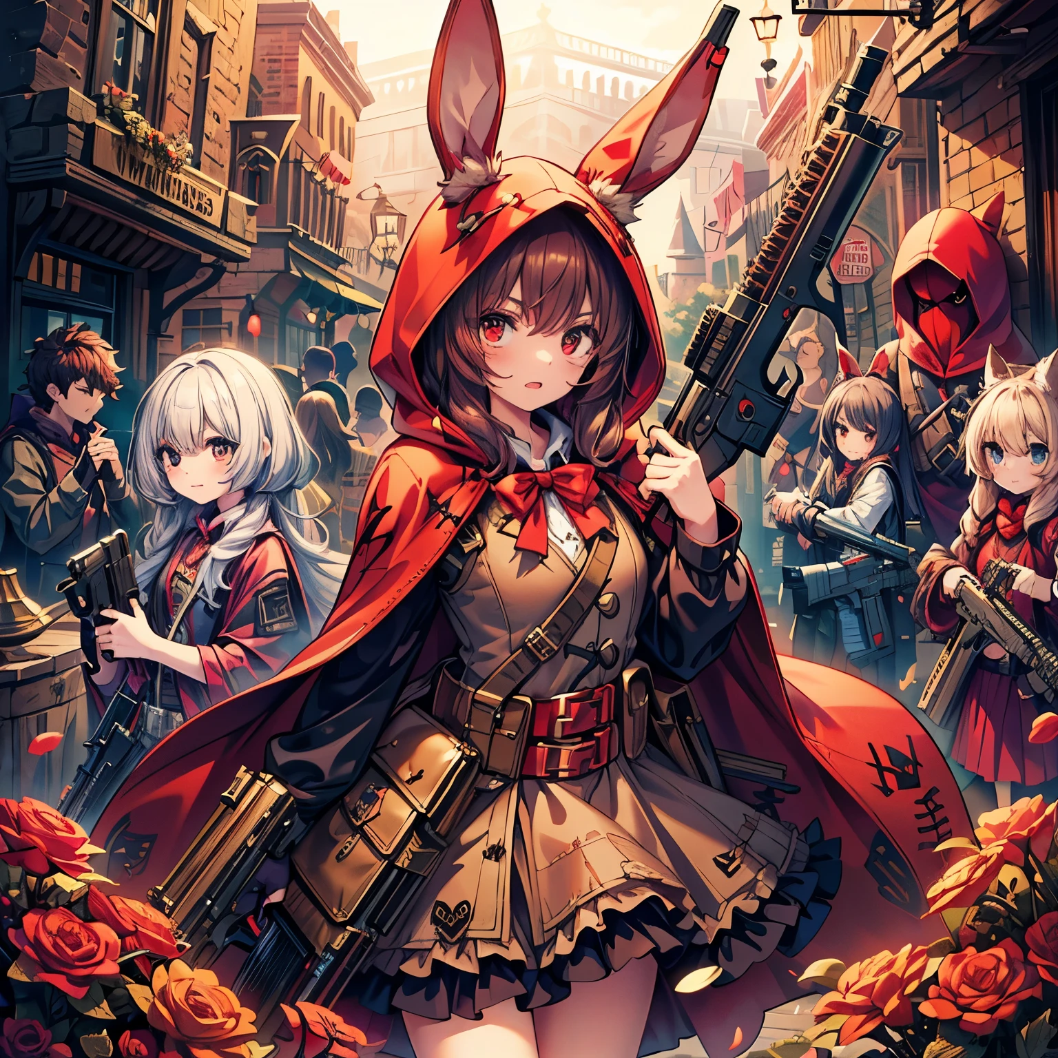 (masterpiece), best quality, fantasy art, many girls in red hood and dress holding weapon at wonderland, (((everyone wearing red hood))), bunny ears, ammunition belt, gun, machine gun, gatling gun, hand gun,weapons, (red_hood:1.5)