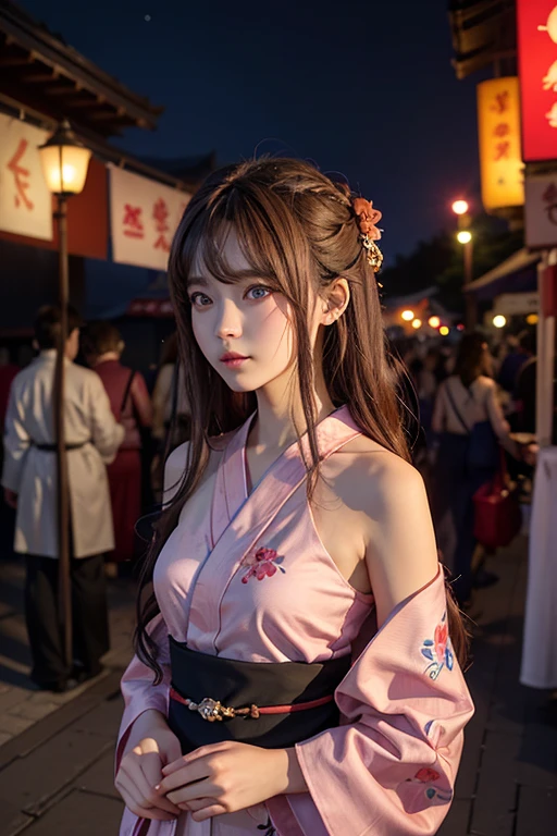 、woman、whole body、Evil Face, Red eyes, Iris,Brown Hair、City of night、festival、Pink and blue yukata、Long Hair、whole body、Shoulders stick out