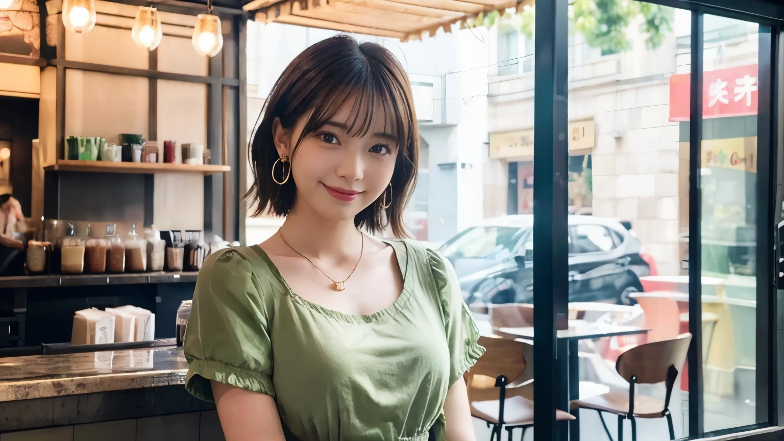super high quality, Short Hair, Slender, Gravure photoshoot, The staff is working at the counter in the back., (8k、RAW Photos、highest quality、masterpiece:1.2), Japanese Idol, Shaggy, Stylish café, The cafe is crowded with people enjoying themselves., (Realistic、Photorealistic:1.37), Mesh Hair, Urban Cafe, Golden Ratio, Raw photo, Cute face , Light Brown Hair, Earrings, Small breasts, Bright cafe interior, Beauty salon model, Spring Clothes, necklace, Spoiled, Cafe Terrace, Open Cafe, Open Cafeの前に高級車, Smile, Hair blowing in the wind, Neat clothes, T-Shirts, 18-year-old, younger sister,