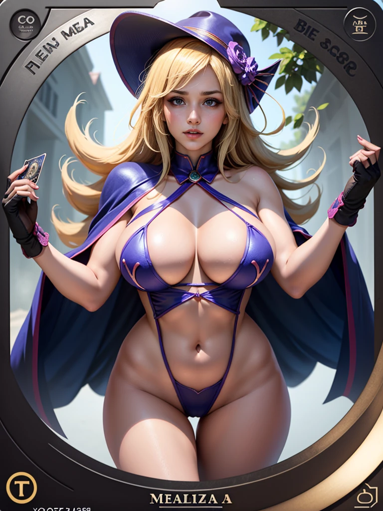 (Obra maestra:1.2), (La mejor calidad:1.2), Perfect lighting, Chica Maga Oscura lanzando un hechizo, In his twenties, flotando en el aire, tetas grandes, escote, blue robe, sombrero grande, desde arriba, Destellos, Yugioh Card en el fondo