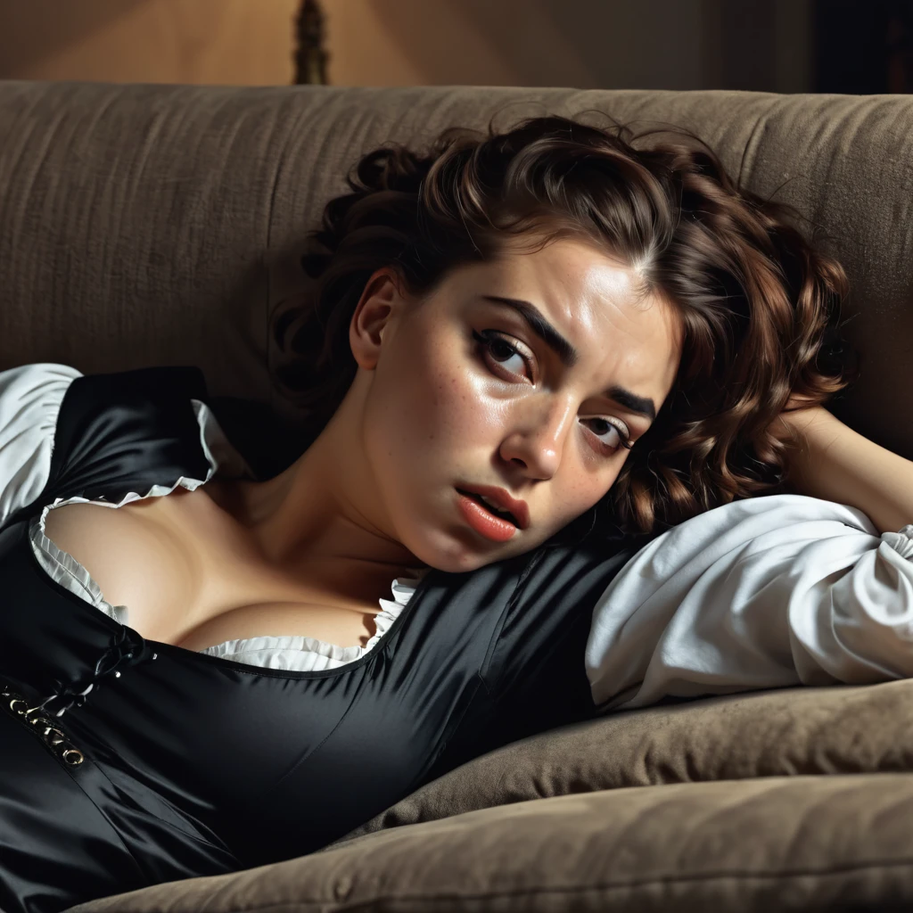 A girl, lying on the sofa, looks very enjoyable, Caravaggio style, looks depressing, high quality, ultra-detailed, crazy details, 4K