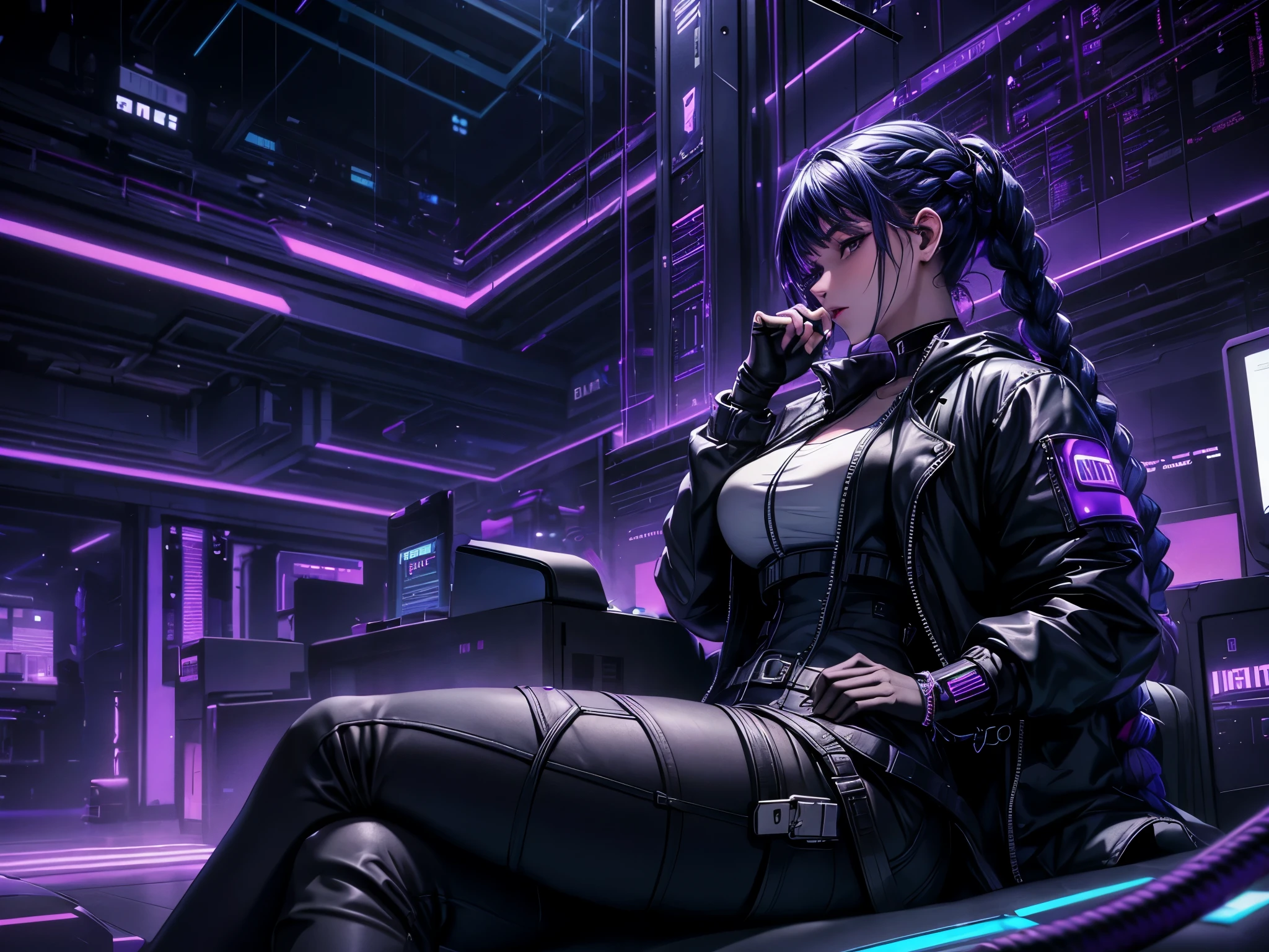 Very young girl, black mask, White skin, The code on, Hacker style, curve,sit on it、View from the side、deep purple, dark, braids, dark blue hair, cable, vintage, cyberpunk, Data center background, deep purple theme, night city