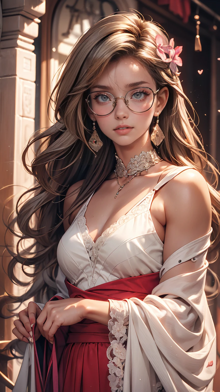 slightly curled hair, Rimless Glasses, Small spots under the corners of the mouth, / Note Lilac Earrings, Mouth slightly closed, Red lips, Surrealism, High detail, Strong chiaroscuro, Film grain, Panorama, Ultra-high resolution, Accurate, Textured skin.Mature Caucasian Woman、Silver Hair、long hair、Gentle expression