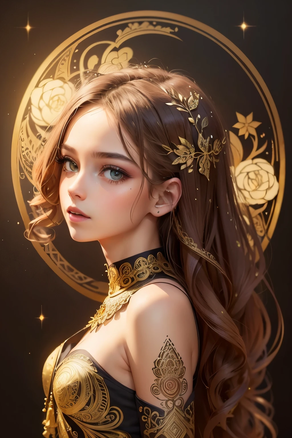 PerfectNwsjMajic,(masterpiece, top quality, best quality, official art, beautiful and aesthetic:1.2), (1girl), extreme detailed,colorful,highest detailed, official art, unity 8k wallpaper, ultra detailed, beautiful and aesthetic, beautiful, masterpiece, best quality, (zentangle, mandala, tangle, entangle) ,holy light,gold foil,gold leaf art,glitter drawing,
