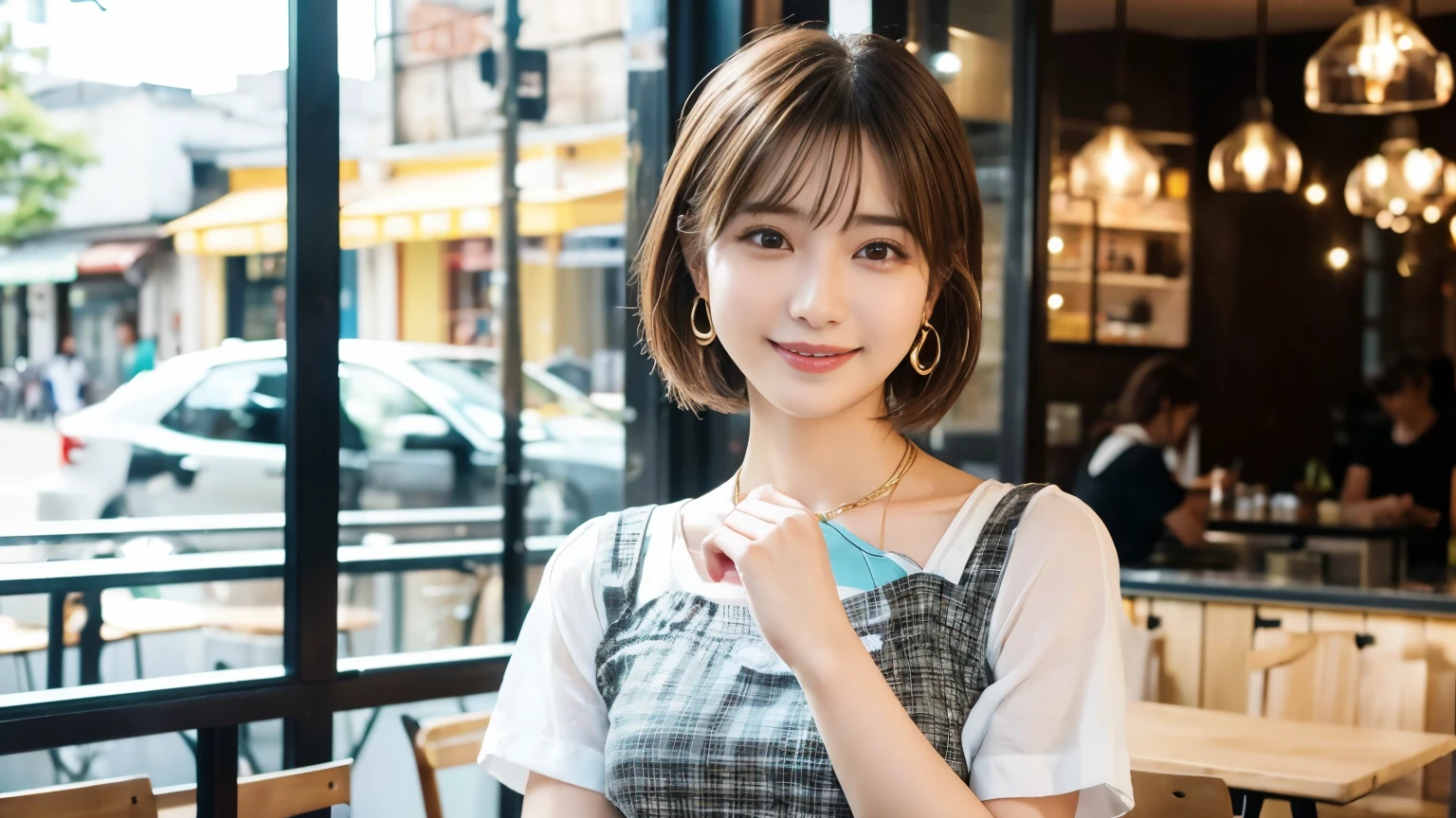 super high quality, Short Hair, Slender, Gravure photoshoot, The staff is working at the counter in the back., (8k、RAW Photos、highest quality、masterpiece:1.2), Japanese Idol, Shaggy, Stylish café, The cafe is crowded with people enjoying themselves., (Realistic、Photorealistic:1.37), Mesh Hair, Urban Cafe, Golden Ratio, Raw photo, Cute face , Light Brown Hair, Earrings, Small breasts, Bright cafe interior, Beauty salon model, Spring Clothes, necklace, Spoiled, Cafe Terrace, Open Cafe, Open Cafeの前に高級車, Smile, Hair blowing in the wind, Neat clothes, T-Shirts, 18-year-old, younger sister, 
