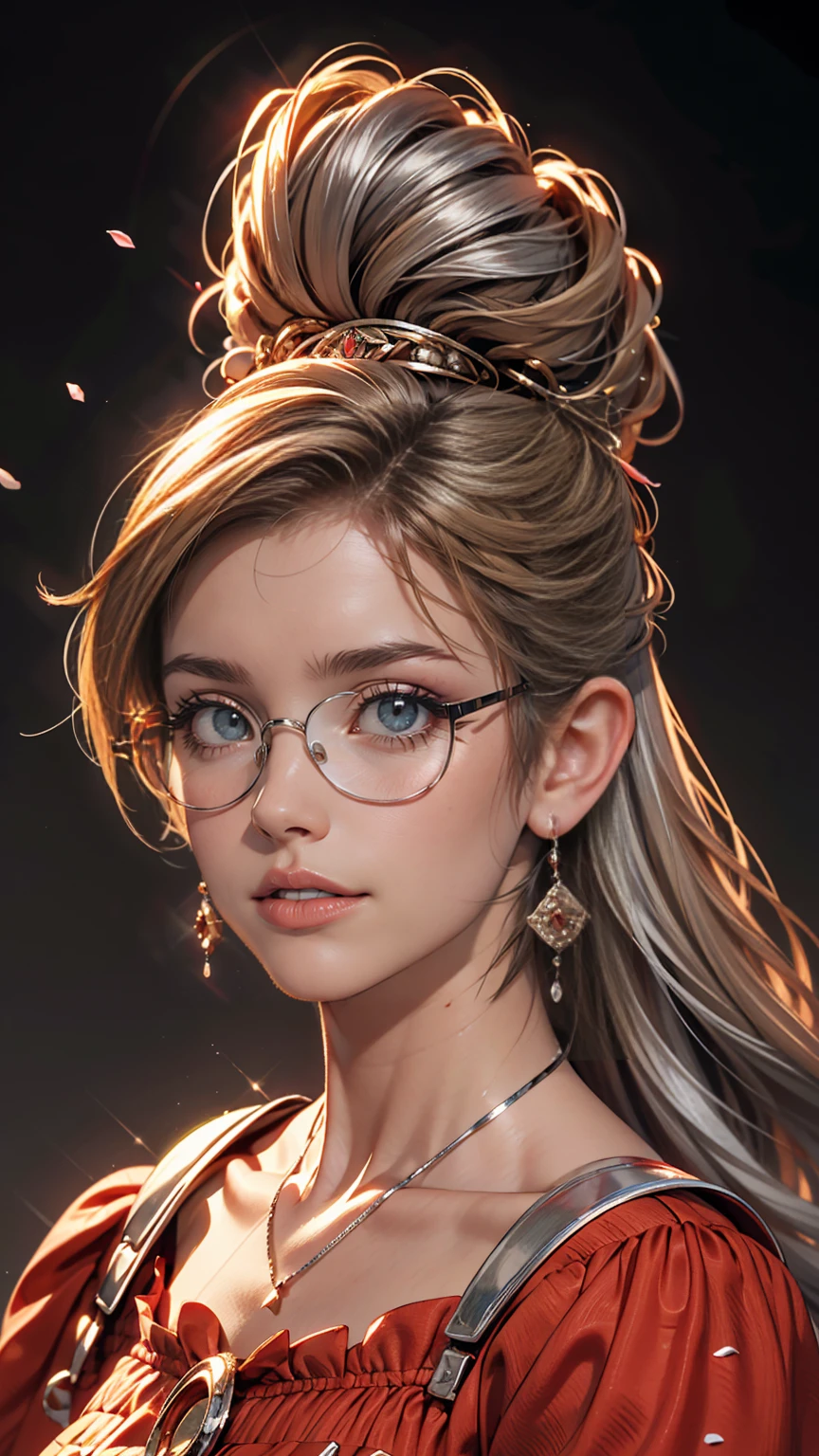 slightly curled hair, Rimless Glasses, Small spots under the corners of the mouth, / Note Lilac Earrings, Mouth slightly closed, Red lips, Surrealism, High detail, Strong chiaroscuro, Film grain, Panorama, Ultra-high resolution, Accurate, Textured skin.Mature Caucasian Woman、Silver Hair、long hair、Gentle expression