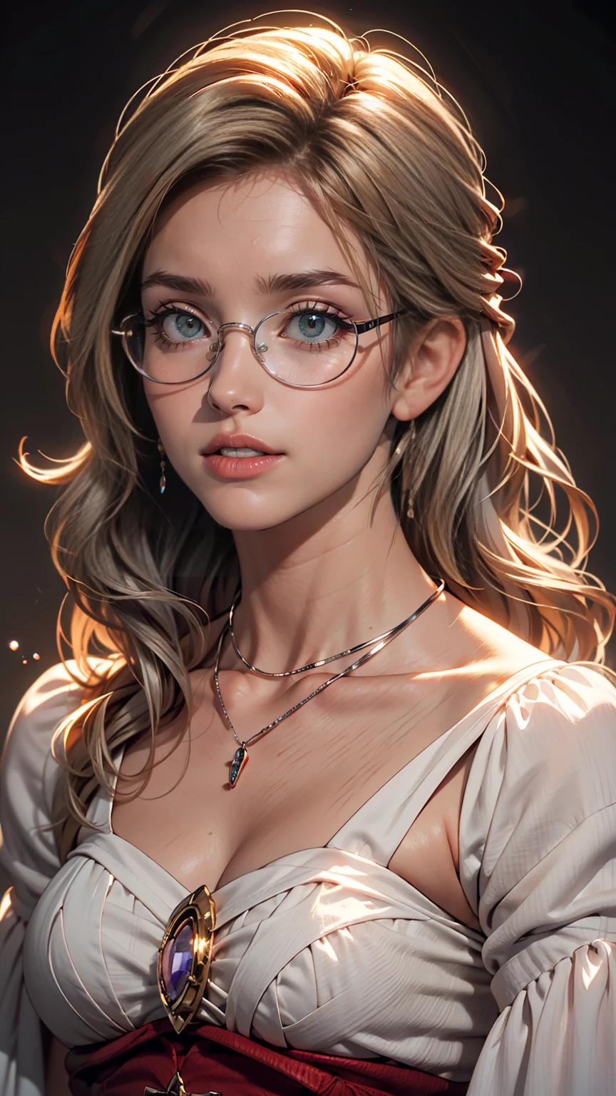 slightly curled hair, Rimless Glasses, Small spots under the corners of the mouth, / Note Lilac Earrings, Mouth slightly closed, Red lips, Surrealism, High detail, Strong chiaroscuro, Film grain, Panorama, Ultra-high resolution, Accurate, Textured skin.Mature Caucasian Woman、Silver Hair、long hair、Gentle expression