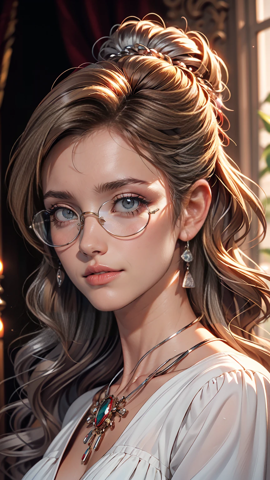 slightly curled hair, Rimless Glasses, Small spots under the corners of the mouth, / Note Lilac Earrings, Mouth slightly closed, Red lips, Surrealism, High detail, Strong chiaroscuro, Film grain, Panorama, Ultra-high resolution, Accurate, Textured skin.Mature Caucasian Woman、Silver Hair、long hair、Gentle expression