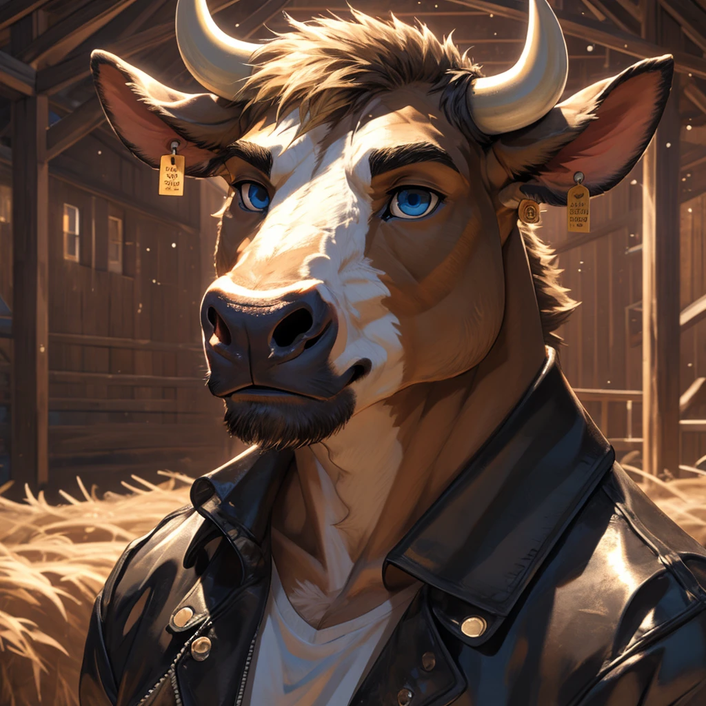 Headshot, handsome male, cow, two pointy horns, cattle ear tag, heavy muscular build, light brown short messy fringe, ((best quality)), ((masterpiece)), (detailed), perfect face, blonde fur, blue eyes, good eyes, leather jacket, mischievous, realistic, barn background