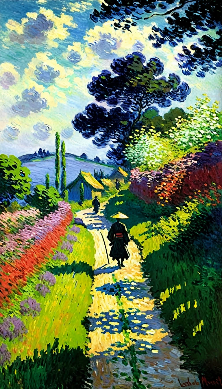 laude monet style, oil painting on canvas,impressionism,Edo period,samurai walking down a country lane,cloudy day,dark colors, oil painting, impressionism