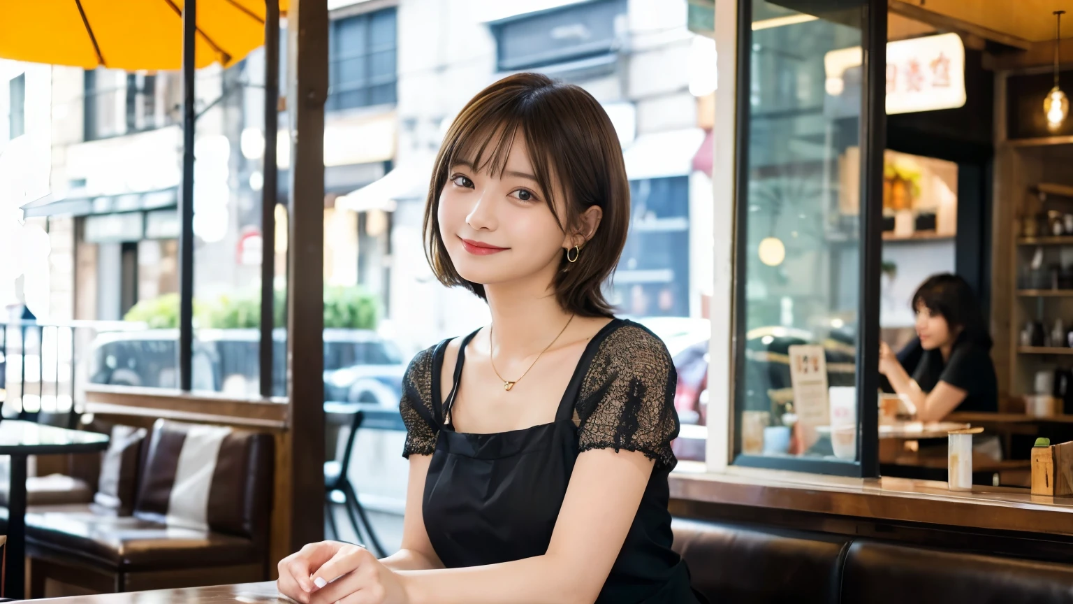 super high quality, Short Hair, Slender, Gravure photoshoot, The staff is working at the counter in the back., (8k、RAW Photos、highest quality、masterpiece:1.2), Japanese Idol, Shaggy, Stylish café, The cafe is crowded with people enjoying themselves., (Realistic、Photorealistic:1.37), Mesh Hair, Urban Cafe, Golden Ratio, Raw photo, Cute face , Light Brown Hair, Earrings, Small breasts, Bright cafe interior, Beauty salon model, Spring Clothes, necklace, Spoiled, Cafe Terrace, Open Cafe, Open Cafeの前に高級車, Smile, Hair blowing in the wind, Neat clothes, T-Shirts, 18-year-old, younger sister,