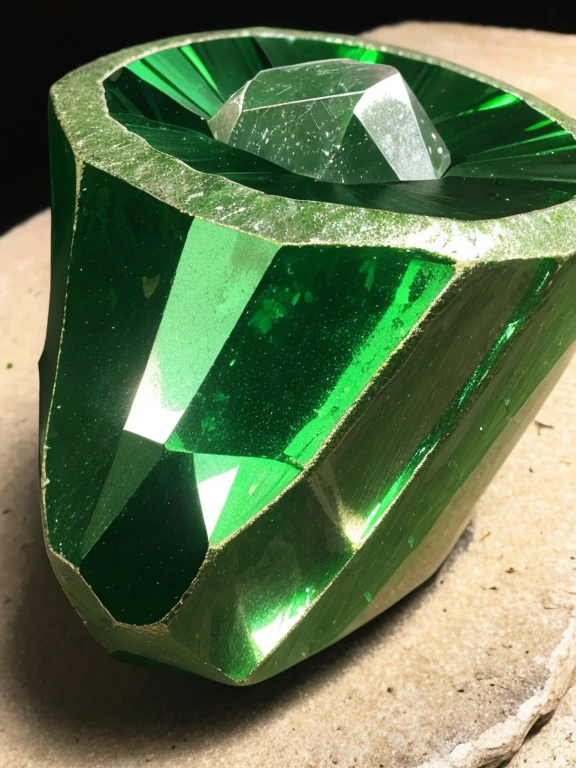 green shiny piece of rock, refined circular mineral gemstone core, symetrical gemstone