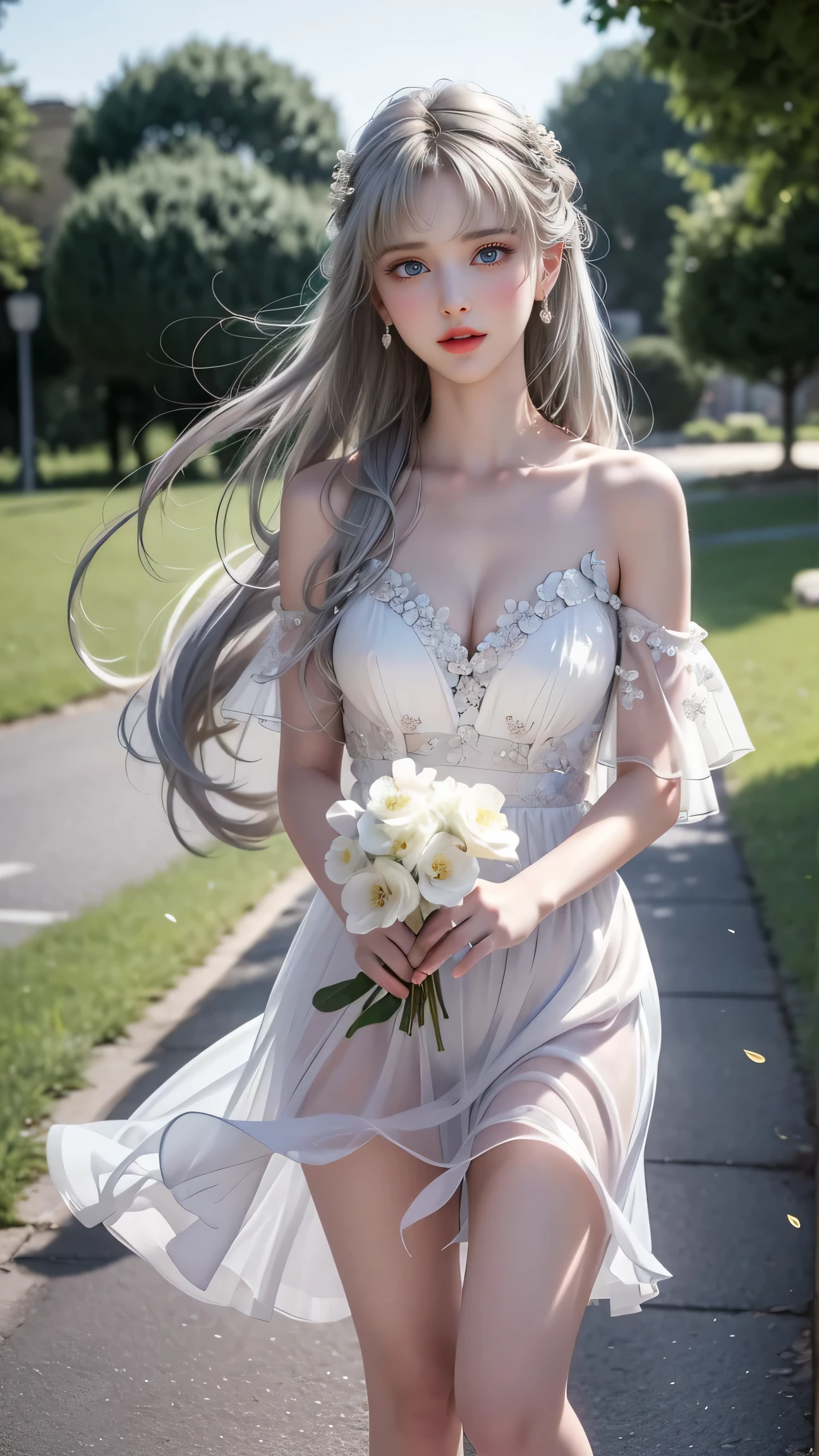 Top quality work、Real works、Ultra Premium Graphics、8K HD CG Works、High Quality Graphics、High-definition CG works、10x pixels、Ultra-fine detail:1.1、Advanced Technical Details:1. 1 PhotoReal、( walking in the park)Natural light:1.5.Light Effects(Virtual Light Effects:1.8)、Wet Long Silver Hair、Silver Hair、Transparent hair、Highly detailed hair(Premium Hair Detail:1. 1)Clear Eyes、Beautiful double eyelids、Sharp eye makeup、Delicate eyelash makeup、Thin eyebrows、Eye for detail、High nose、Nice red lips、Rosy Cheeks、Delicate makeup face、Cute Face、Perfectly Proportioned Face、(Advanced Facial Detail:1. 1)、Shine、(Off-the-shoulder semi-transparent white floral dress)、girl、photo shoot、woman' Work of、whole body、Real、wonderful、My eyes are shining today、、(Sudden、Wind)、(The wind flips up my skirt)、(I can see her panties)、。
